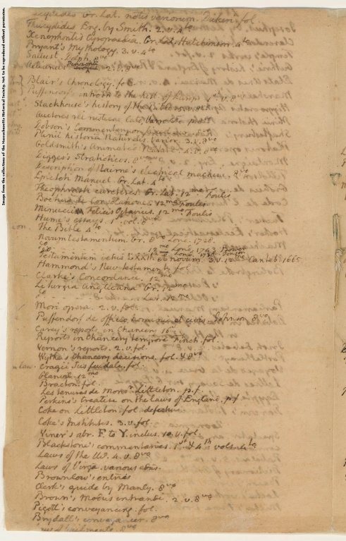 Page six of Jefferson's inventory of books received from the estate of George Wythe, September, 1806. This list indicates which volumes Jefferson intended to keep for himself.