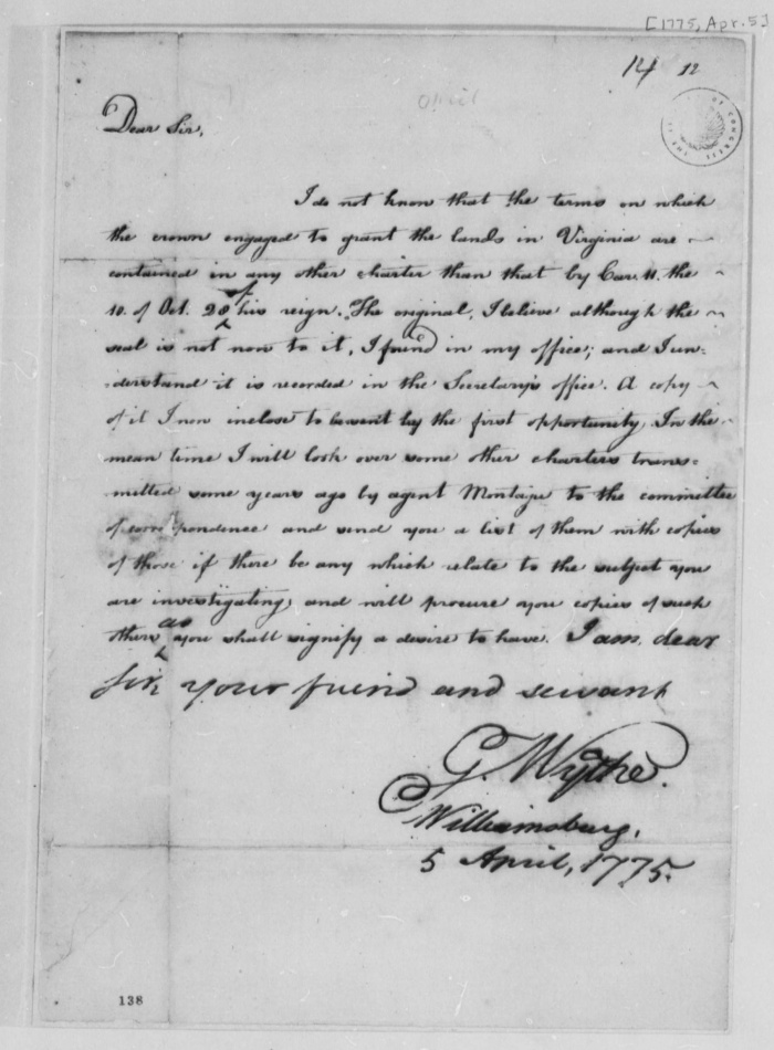 Wythe to Thomas Jefferson, 5 April 1775 Wythepedia The Wythe