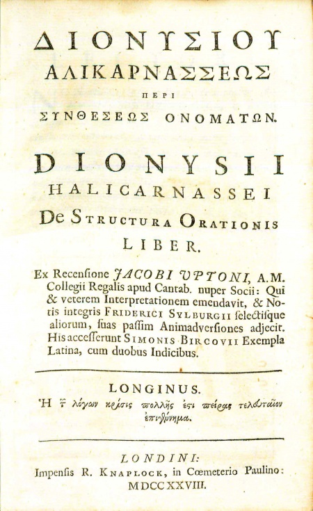 Dionysiou Halikarnasseōs Peri Syntheseōs Onomatōn = Dionysii ...