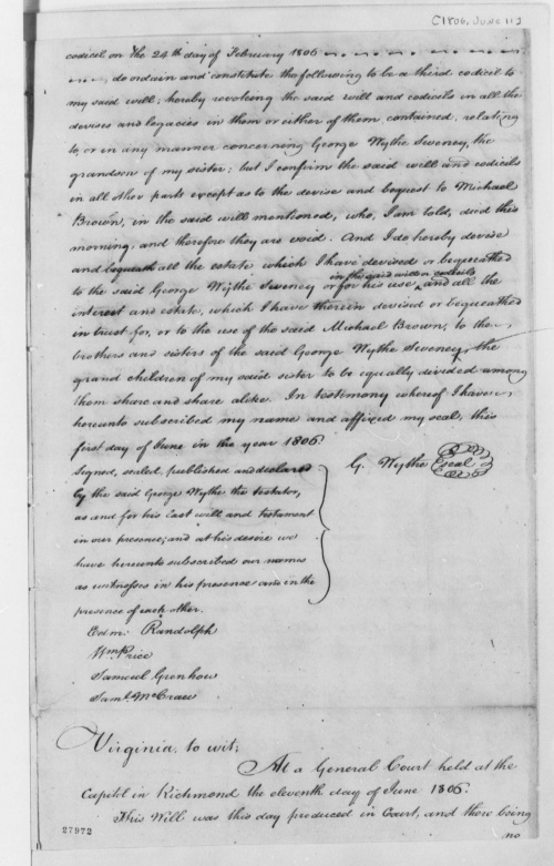 Last Will and Testament, with Codicil - Wythepedia: The George Wythe ...