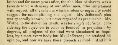 Detail from page 43 of Benjamin Watkins Leigh's The Letter of Appomatox (1832), with statement on Wythe's position on slavery.