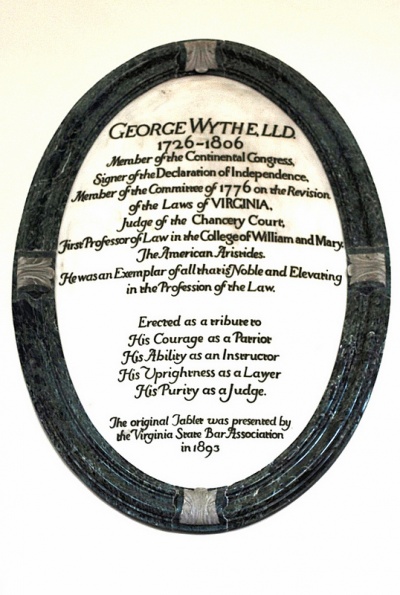 Current tablet to George Wythe in the Chapel of the College of William & Mary's Wren Building.